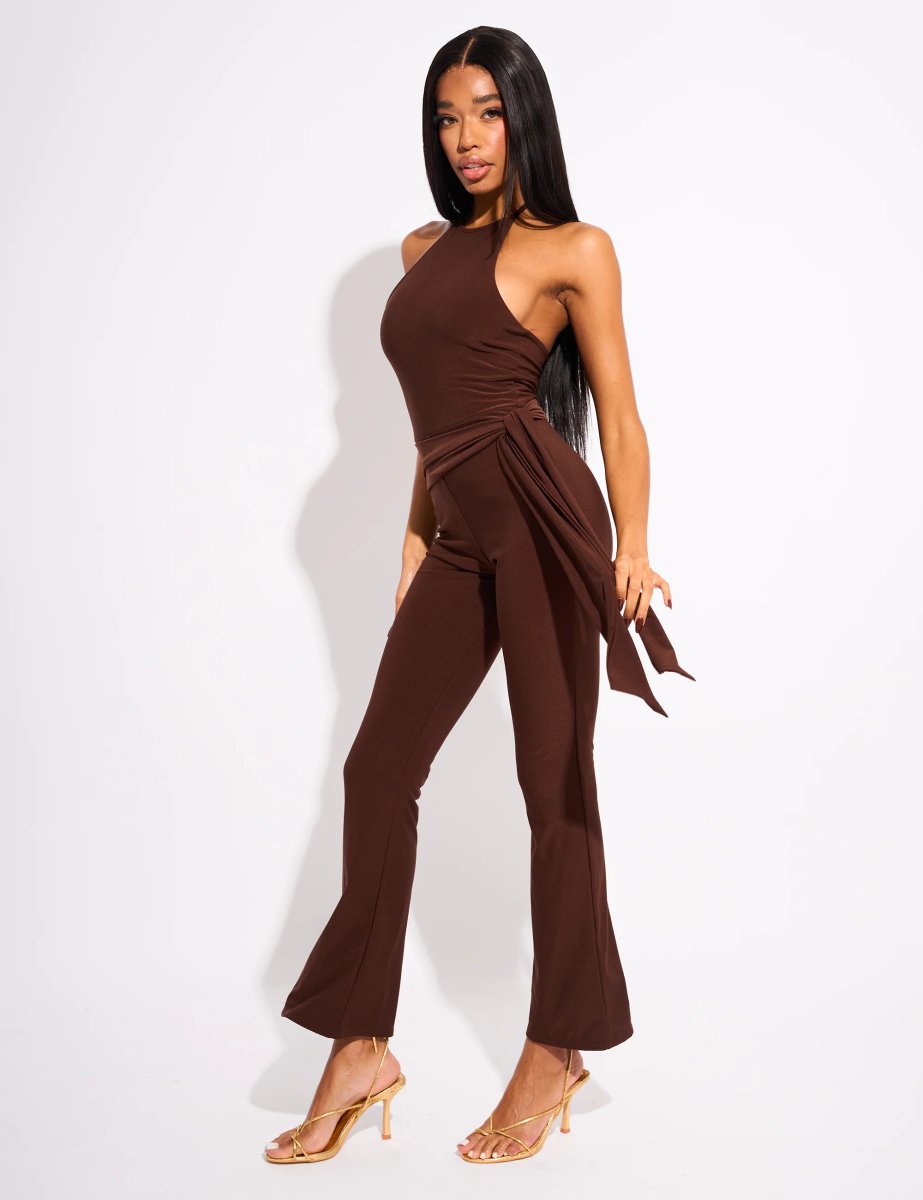 Public Desire Tie Back Belted Jumpsuit Chocolate - 2
