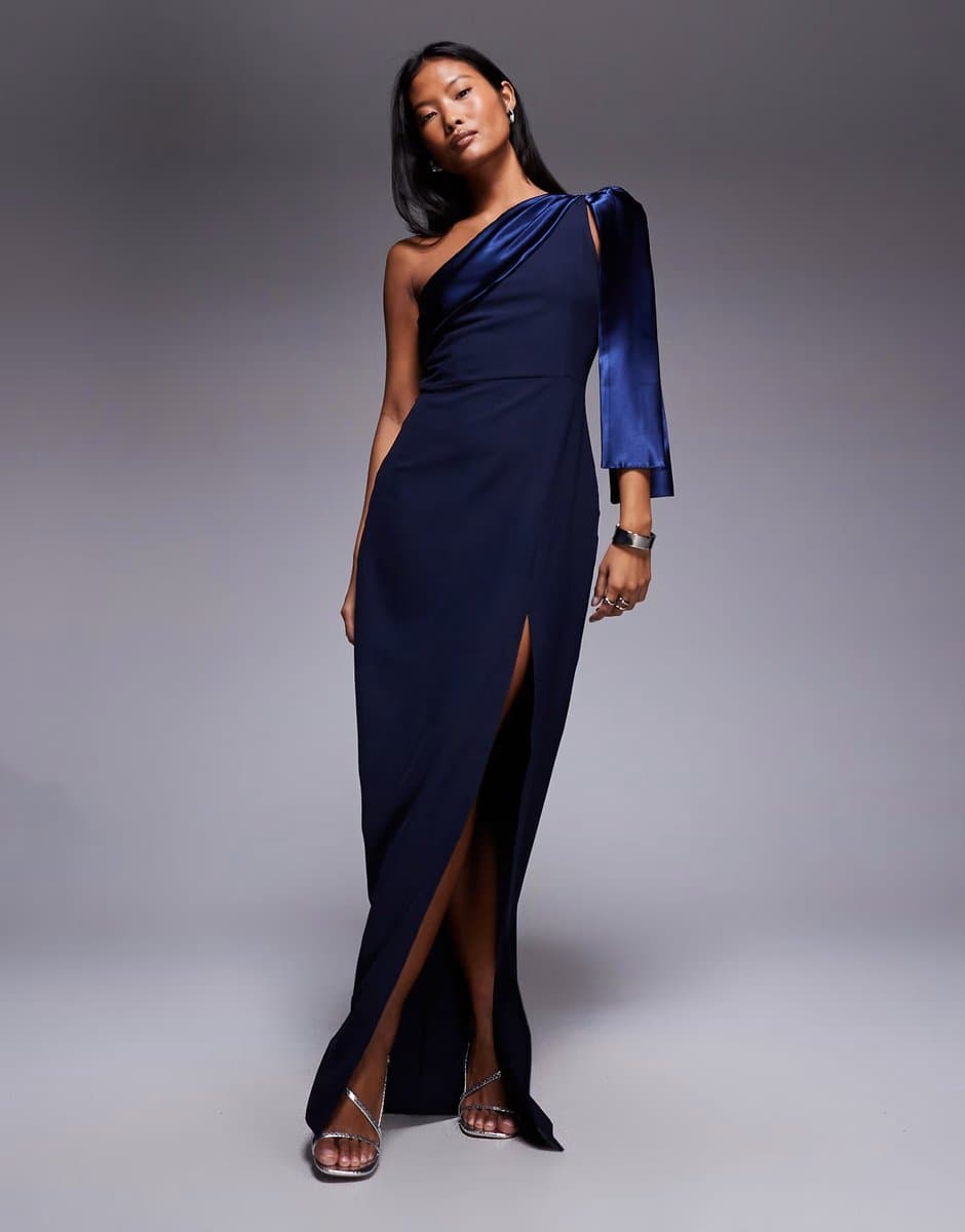 ASOS Vesper Petite One shoulder maxi dress with satin contrast in navy