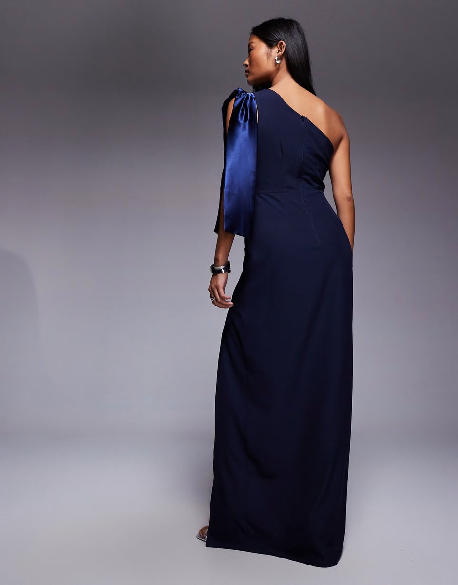 ASOS Vesper Petite One shoulder maxi dress with satin contrast in navy - 3