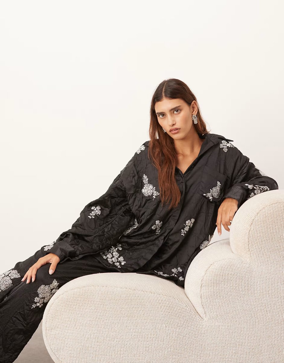 ASOS ARRANGE crinkle satin floral embellished shirt and trouser in black - 2