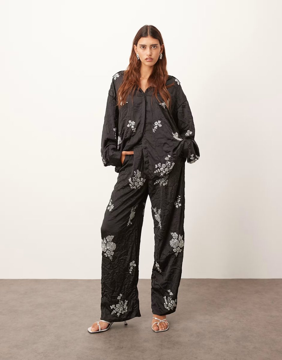 ASOS ARRANGE crinkle satin floral embellished shirt and trouser in black - 3
