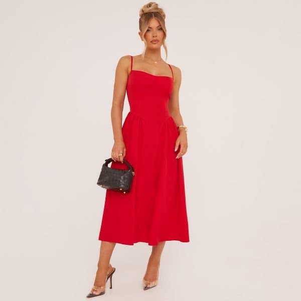 EGO Strappy Pleated Skater Midaxi Dress In Red, Women's Size UK 4
