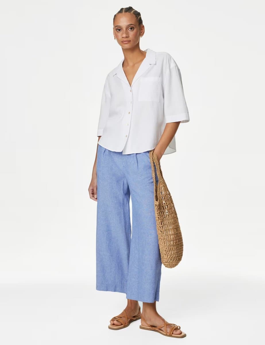Marks & Spencer M&S Linen Rich Wide Leg Cropped Trousers Light Chambray