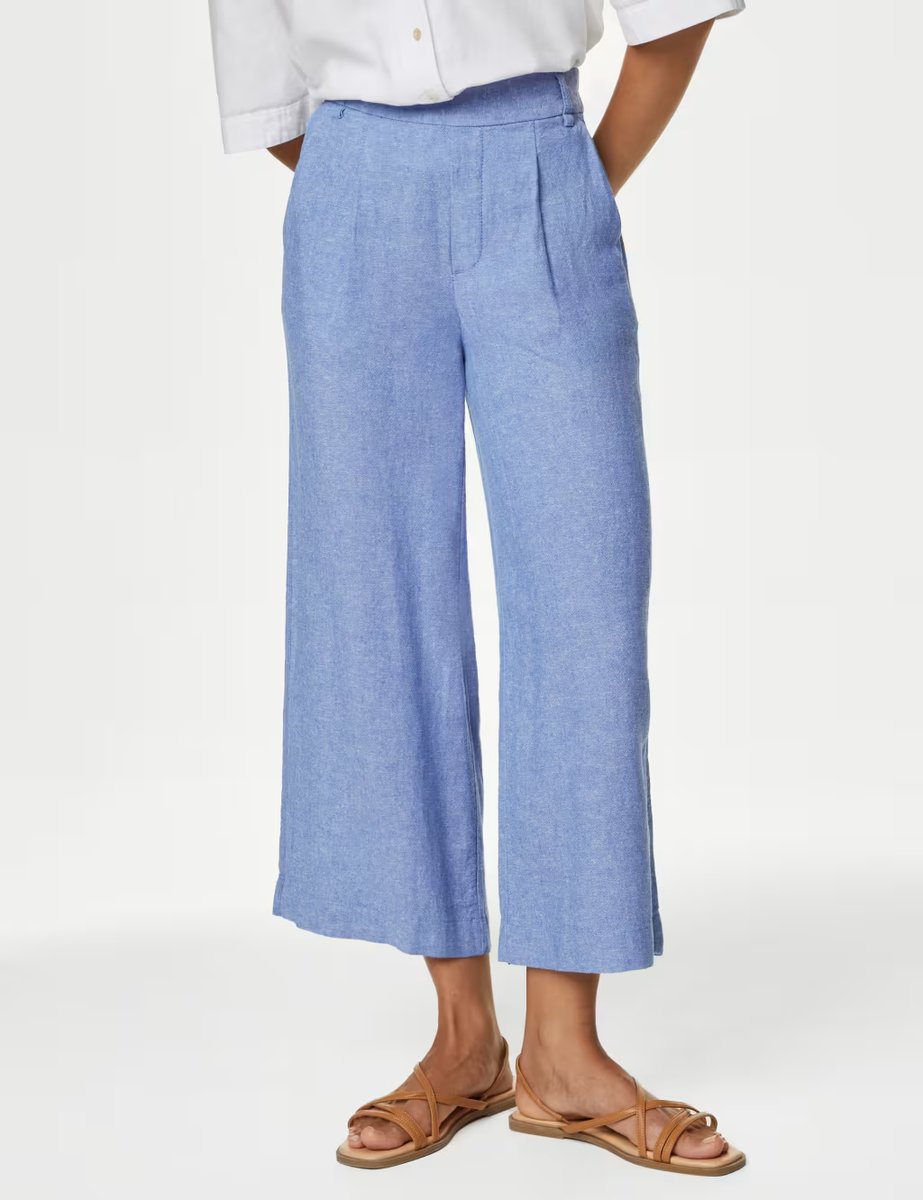 Marks & Spencer M&S Linen Rich Wide Leg Cropped Trousers Light Chambray - 2