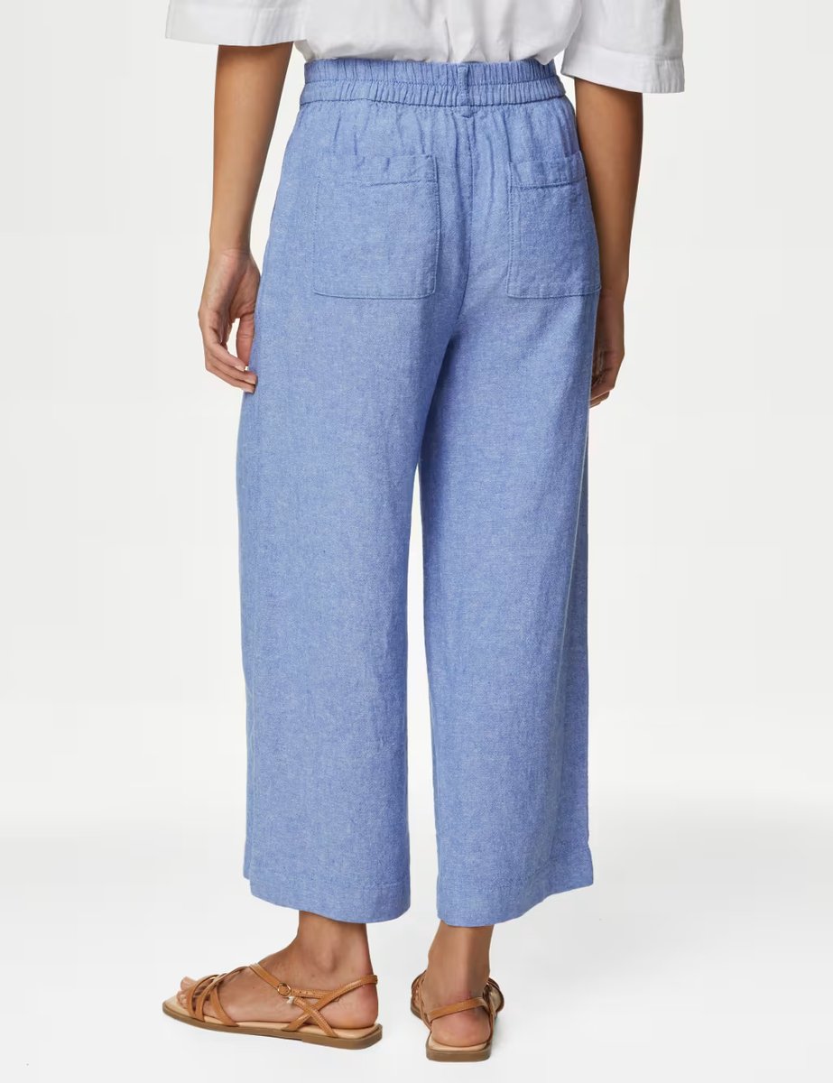 Marks & Spencer M&S Linen Rich Wide Leg Cropped Trousers Light Chambray - 4