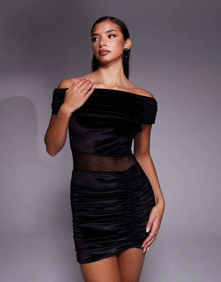 ASOS Kaiia exclusive velvet bardot mesh insert ruched skirt detail mini dress in black - 3