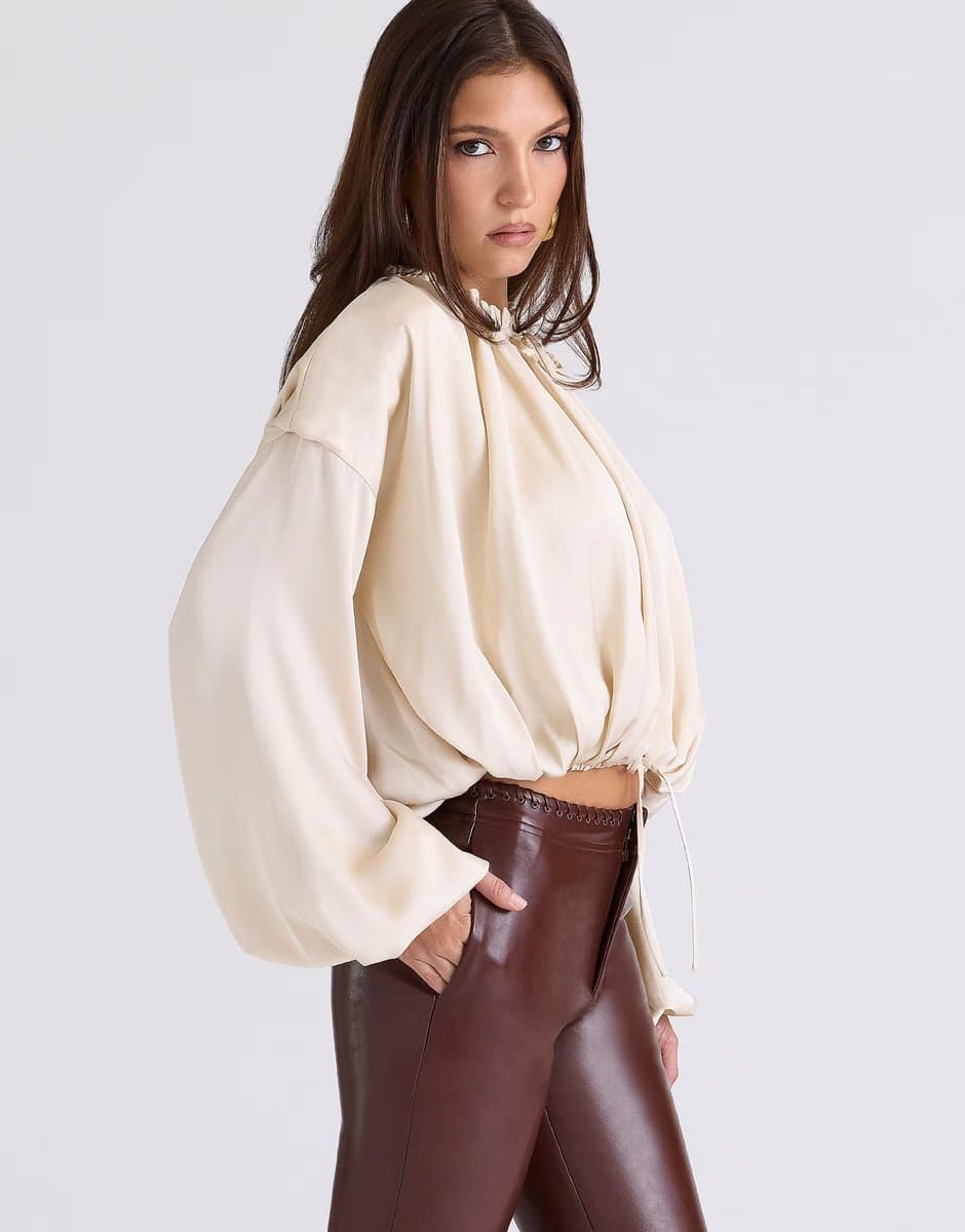 ASOS House of CB Talia Satin Open Front Blouse in Ecru