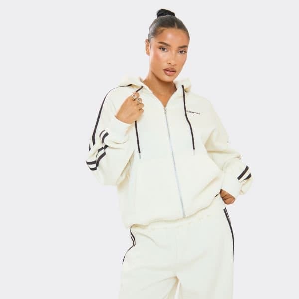 EGO Oversized Contrast Stripe Detail Essential Graphic Zip Up Hoodie In Cream, Women's Size UK 8