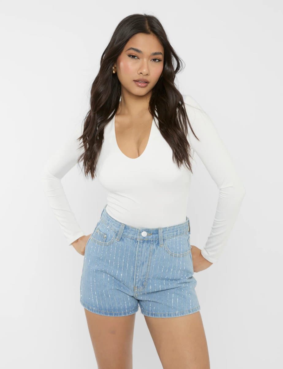 Public Desire High Waist Diamante Embellished Shorts Light Blue