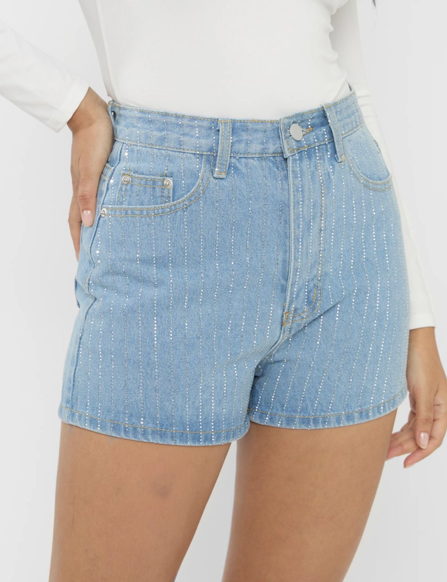 Public Desire High Waist Diamante Embellished Shorts Light Blue - 3