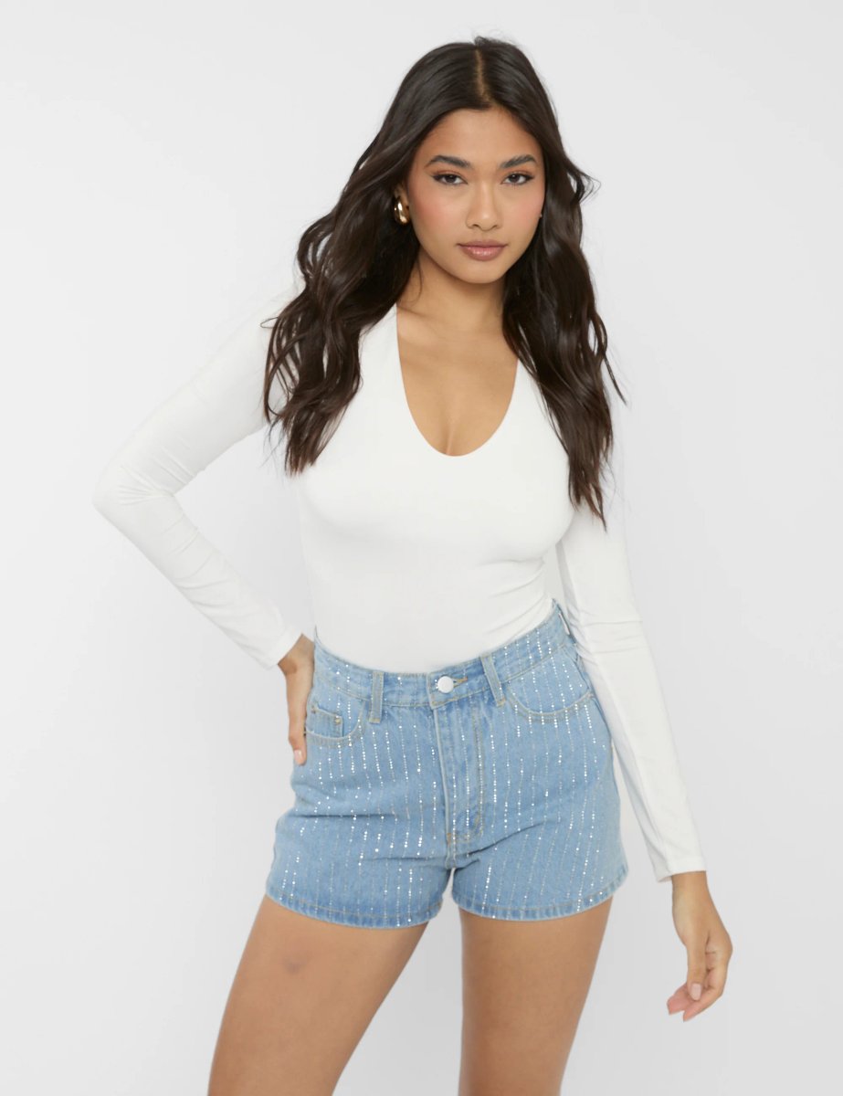 Public Desire High Waist Diamante Embellished Shorts Light Blue - 4