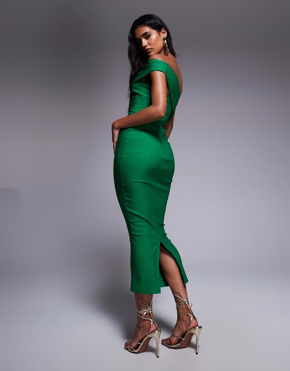 ASOS Vesper One shoulder bodycon midaxi dress in emerald - 4