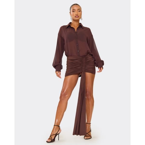 EGO Mid Rise Ruched Drape Detail Mini Skirt In Chocolate Brown Slinky, Women's Size UK 6 - 2