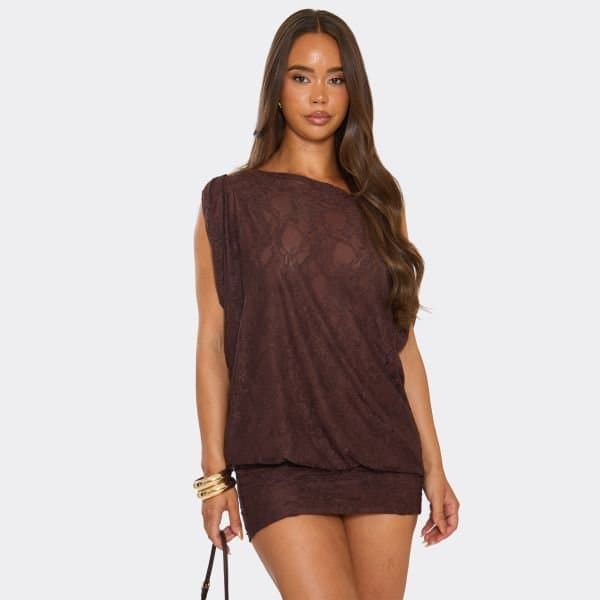EGO Off The Shoulder Draped Asymmetric Mini Dress In Chocolate Brown Lace, Women's Size UK 4