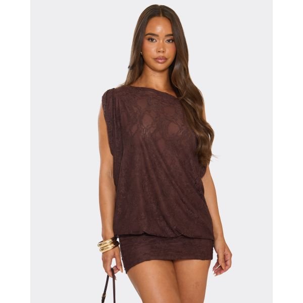 EGO Off The Shoulder Draped Asymmetric Mini Dress In Chocolate Brown Lace, Women's Size UK 4 - 2