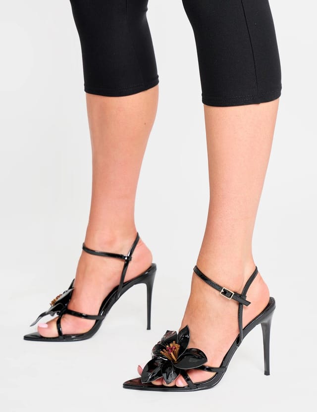 Public Desire Ondine Black Patent 3D Floral Barely There Stiletto High Heels - 3