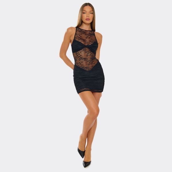 EGO Racer Neck Twist Bust Detail Mini Dress In Black Lace, Women's Size UK Large L - 2