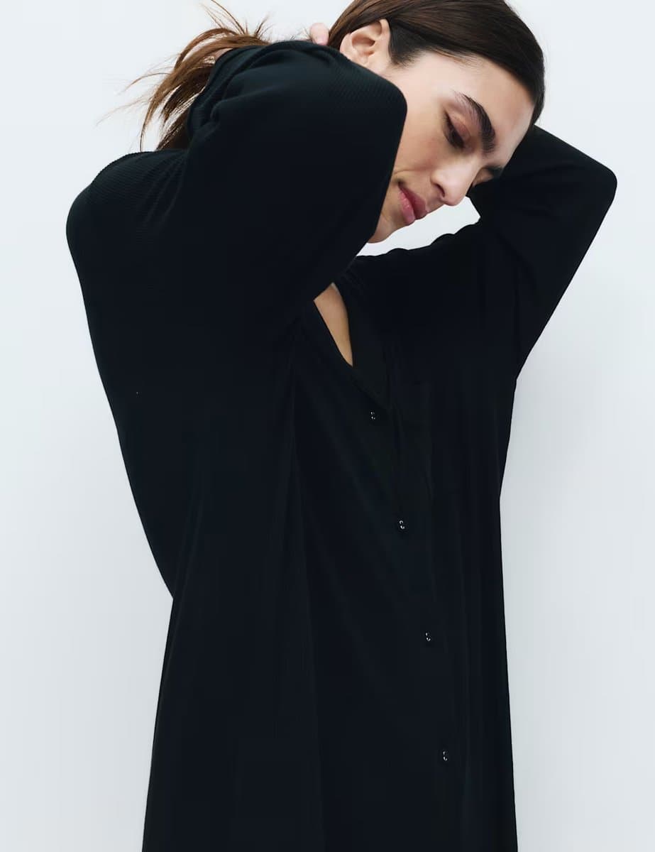 Marks & Spencer M&S Ribbed Revere Nightshirt in Black