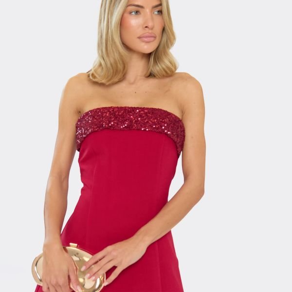 EGO Bandeau Contrast Sequin Detail A-Line Mini Dress In Red, Women's Size UK 6 - 2