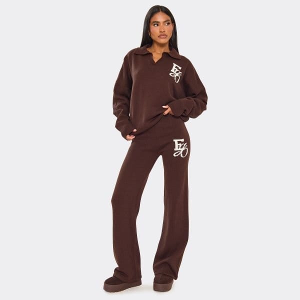 EGO Mid Rise Ego Graphic Wide Leg Trousers In Chocolate Brown Knit, Women's Size UK Large L - 1