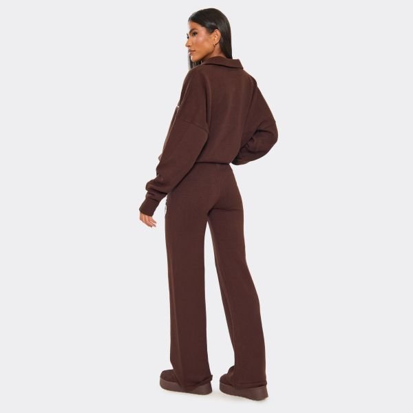 EGO Mid Rise Ego Graphic Wide Leg Trousers In Chocolate Brown Knit, Women's Size UK Large L - 2