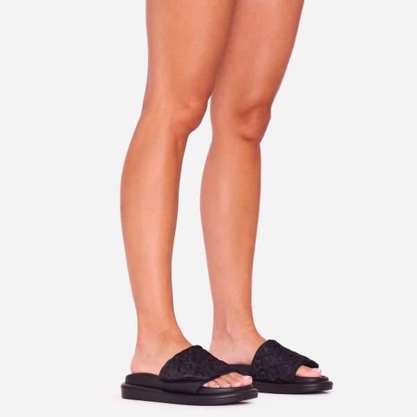 EGO It's-A-Vibe Embossed Velcro Strap Flat Slider Sandal In Black Lycra, Women's Size UK 3