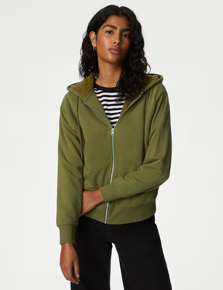 Marks & Spencer M&S Cotton Rich Borg Lined Zip Up Hoodie Moss