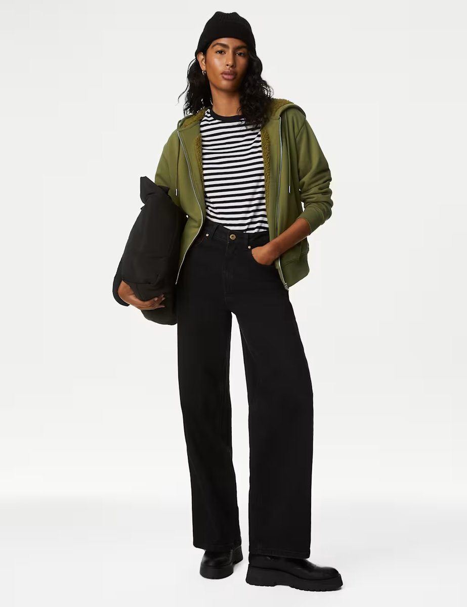 Marks & Spencer M&S Cotton Rich Borg Lined Zip Up Hoodie Moss - 2