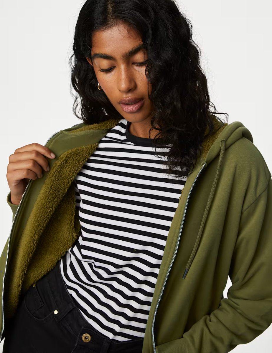 Marks & Spencer M&S Cotton Rich Borg Lined Zip Up Hoodie Moss - 3