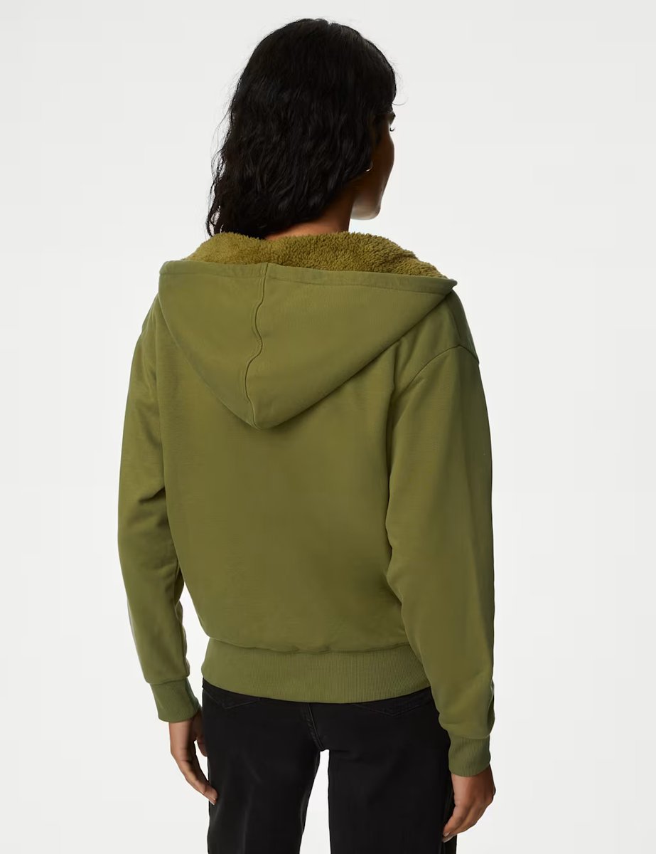 Marks & Spencer M&S Cotton Rich Borg Lined Zip Up Hoodie Moss - 4