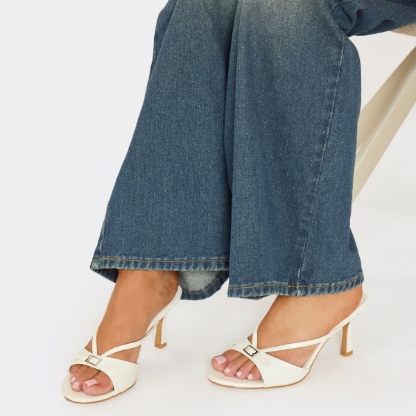 EGO Sage Strappy Buckle Detail Peep Toe Heeled Mule In White Croc Print Faux Leather, Women's Size UK 3 - 2