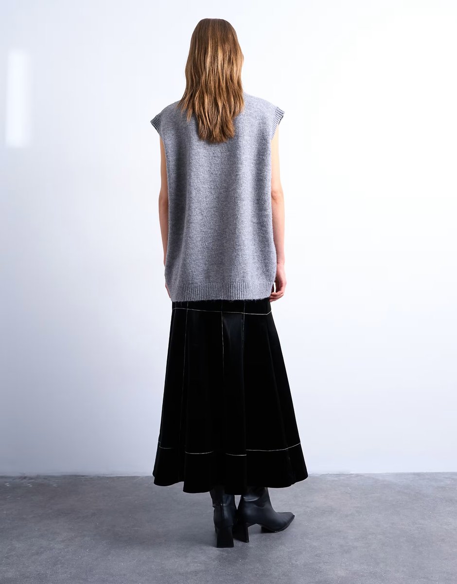 ASOS Topshop dropwaist contrast stitched PU maxi skirt in black - 2