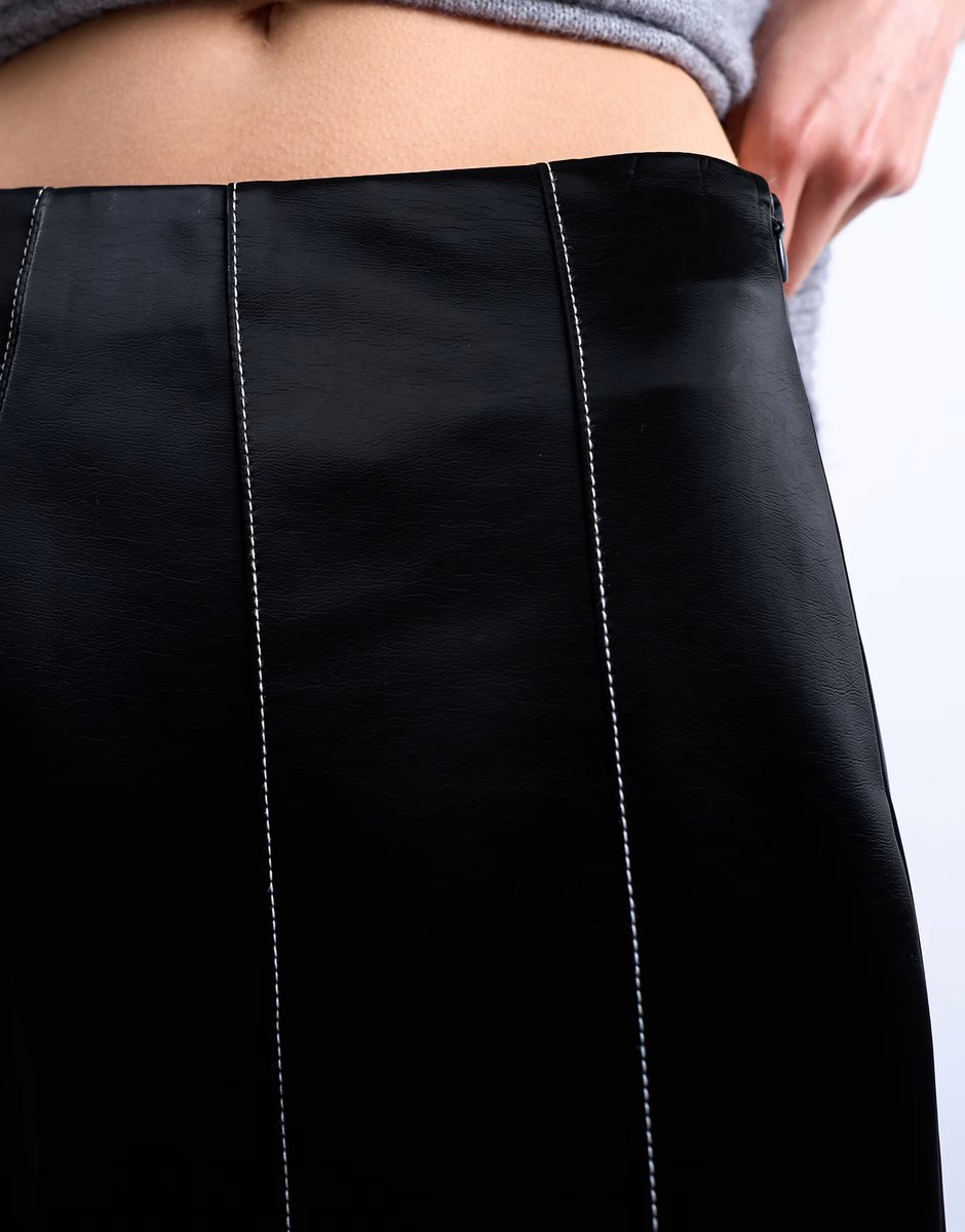 ASOS Topshop dropwaist contrast stitched PU maxi skirt in black - 4