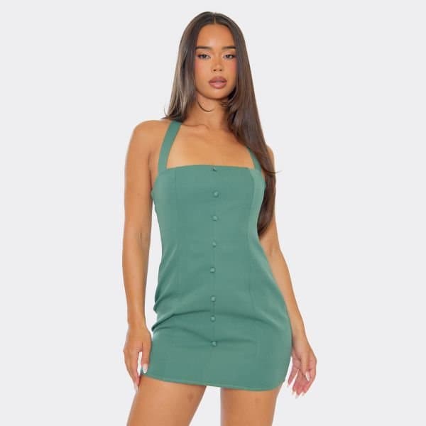 EGO Halterneck Button Front Detail Mini Dress In Khaki Green Woven, Women's Size UK 6