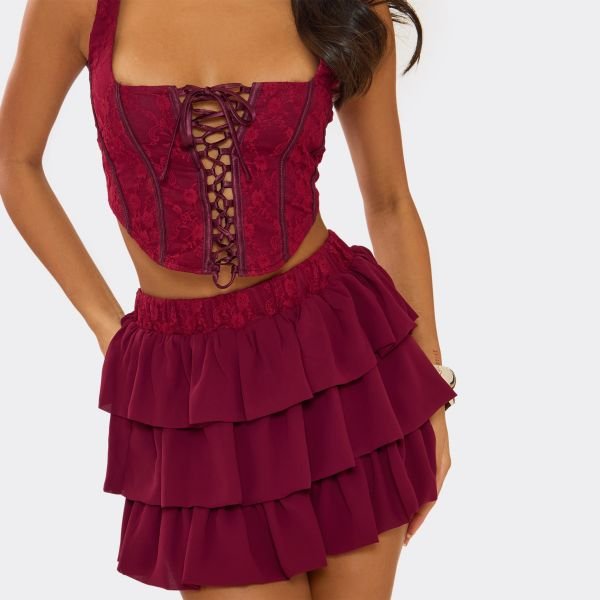EGO Low Rise Lace Waistband Pleated Mini Skirt In Plum, Women's Size UK 6 - 2