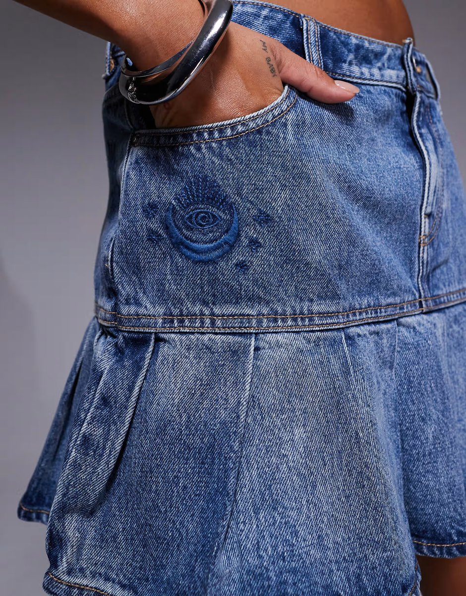 ASOS HUGO BLUE Gaby short pleated hem denim skirt in mid blue wash - 3