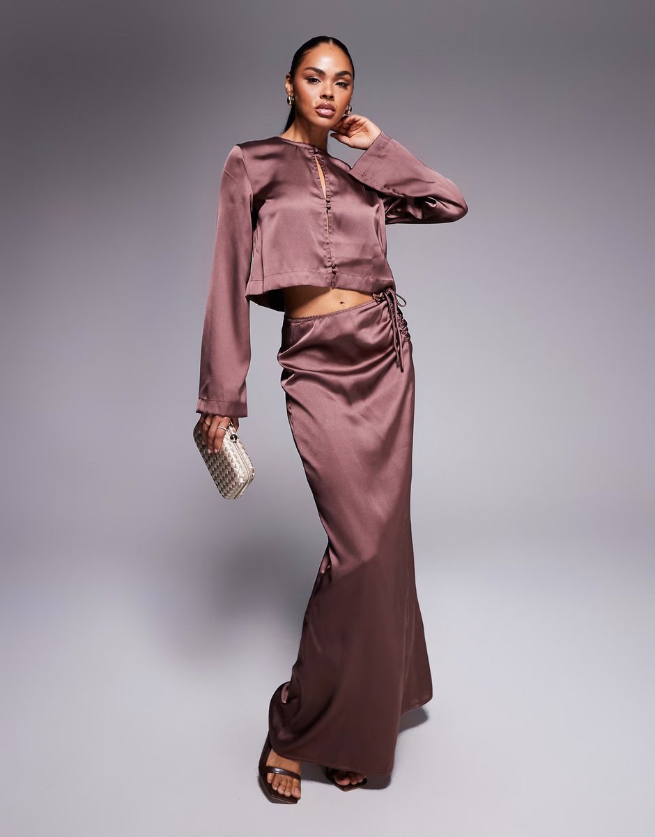 ASOS ASOS DESIGN double button detail satin co-ord blouse in chocolate - 2