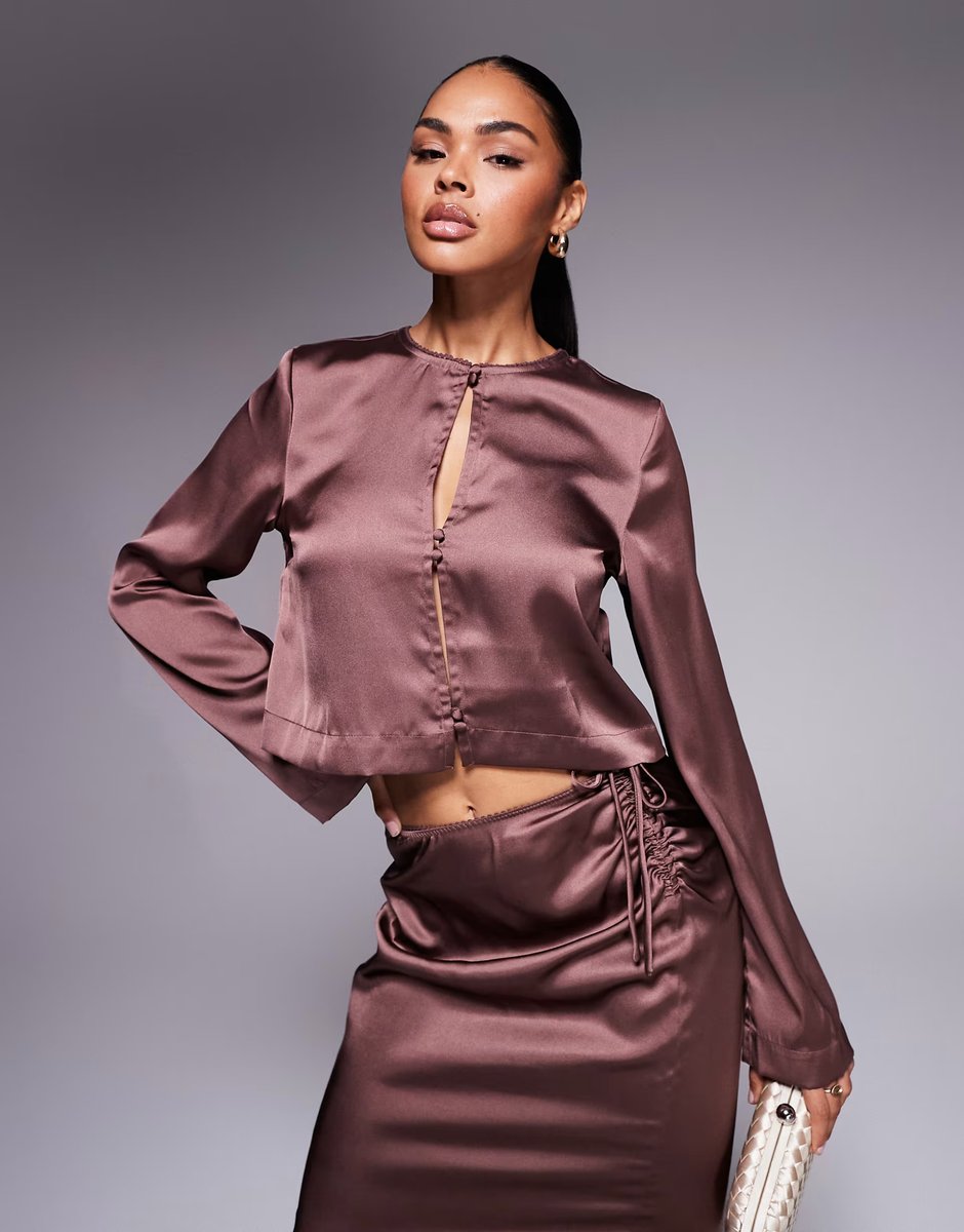 ASOS ASOS DESIGN double button detail satin co-ord blouse in chocolate - 3