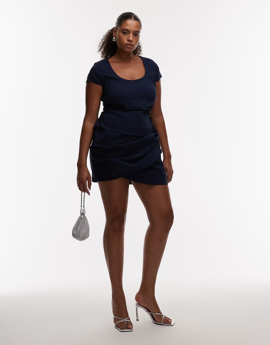 ASOS ASOS DESIGN Curve cap sleeve wrap skirt mini dress in Navy - 2