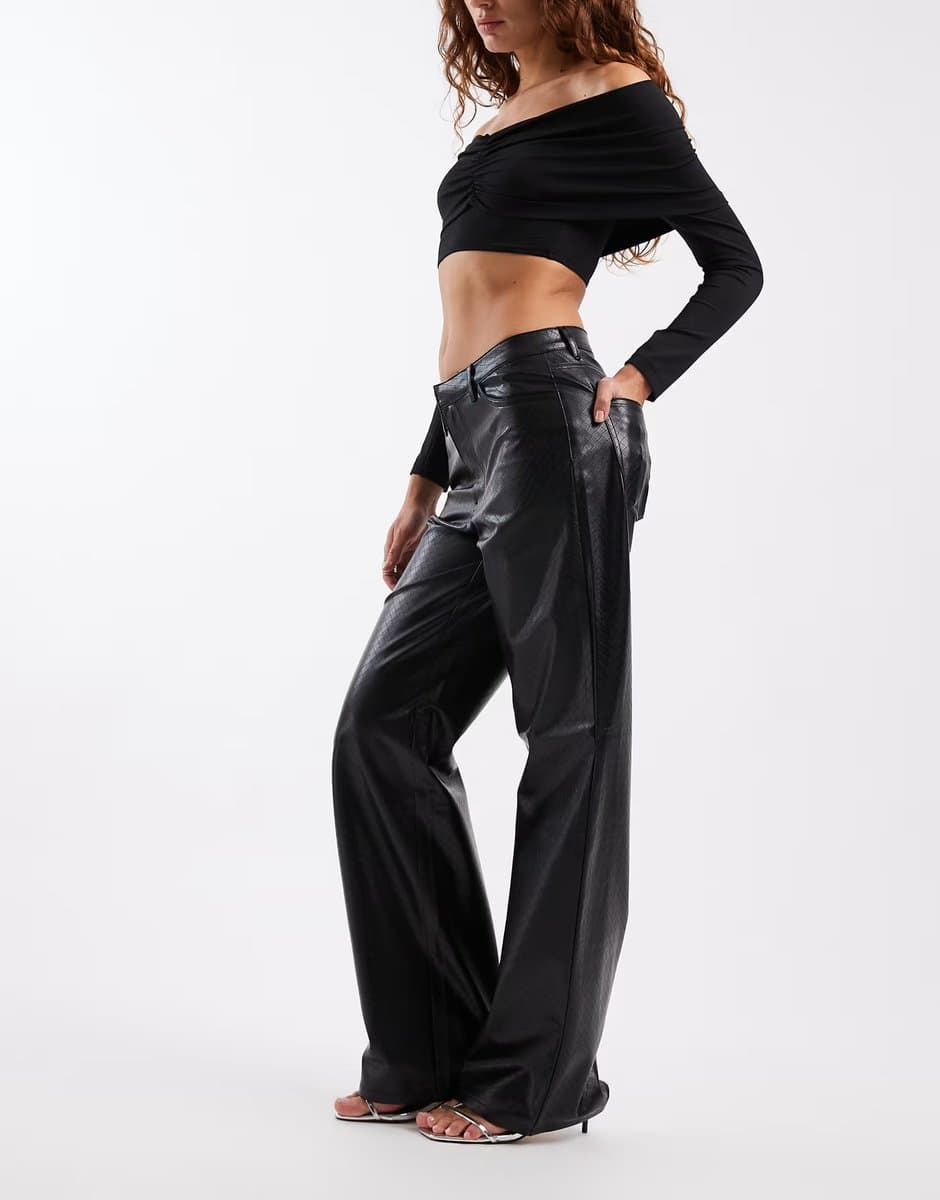 ASOS ONLY high waist wide leg faux leather trousers with woven details in black