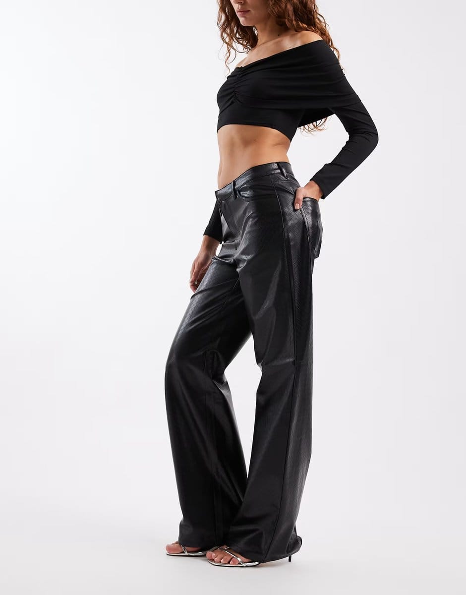 ASOS ONLY high waist wide leg faux leather trousers with woven details in black - 1
