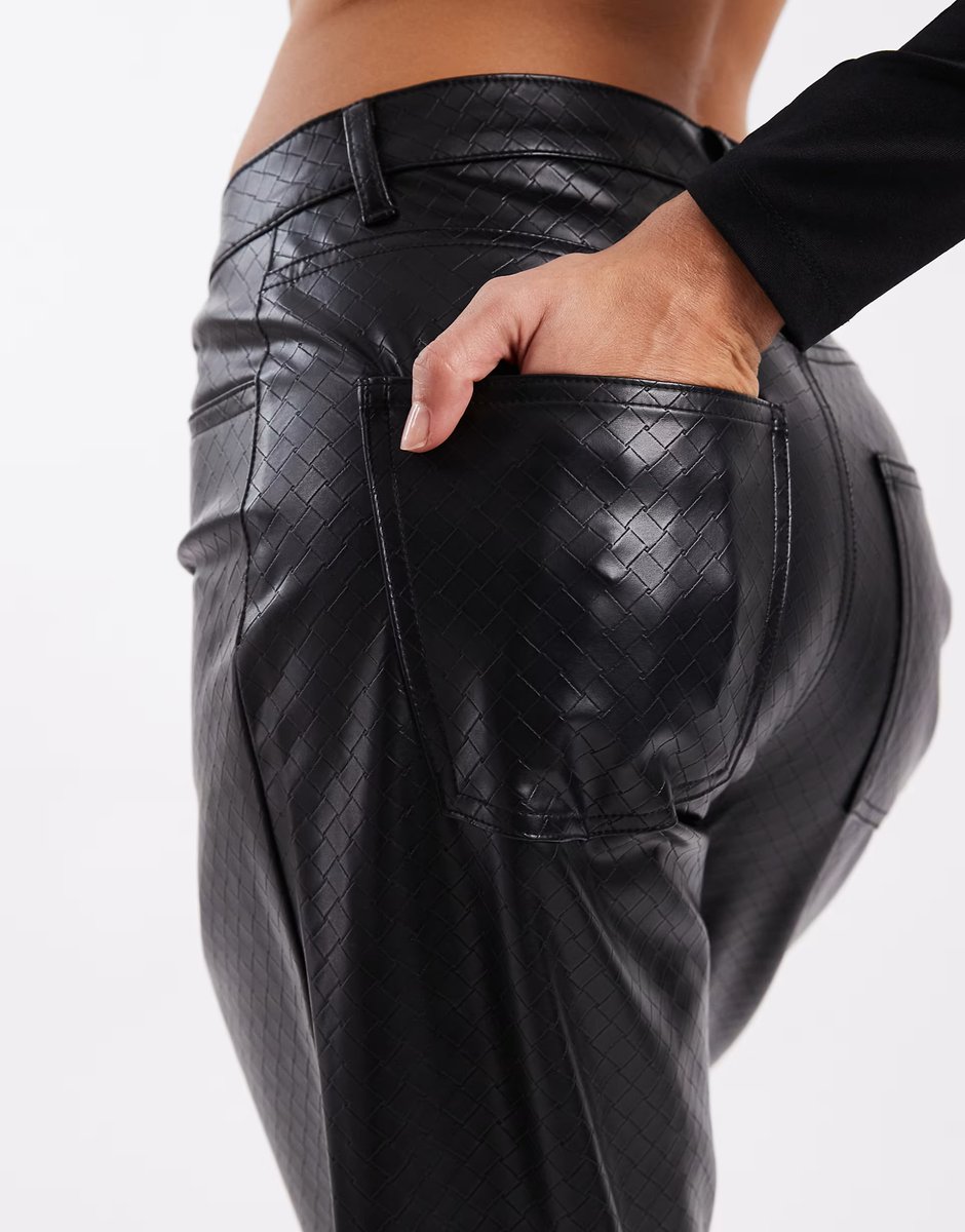 ASOS ONLY high waist wide leg faux leather trousers with woven details in black - 3