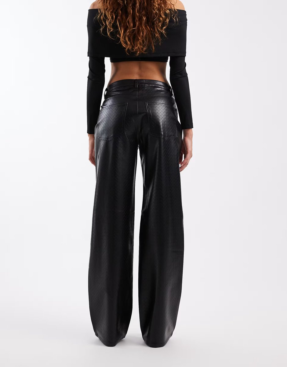 ASOS ONLY high waist wide leg faux leather trousers with woven details in black - 4