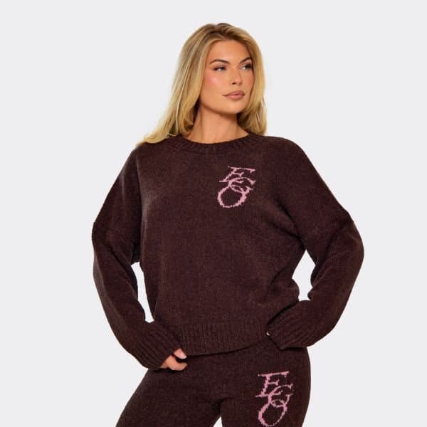 EGO Long Sleeve Crew Neck Ego Graphic Oversized Jumper In Brown Knit, Women's Size UK Large L