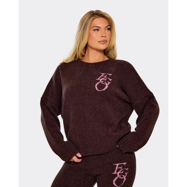 EGO Long Sleeve Crew Neck Ego Graphic Oversized Jumper In Brown Knit, Women's Size UK Large L - 2