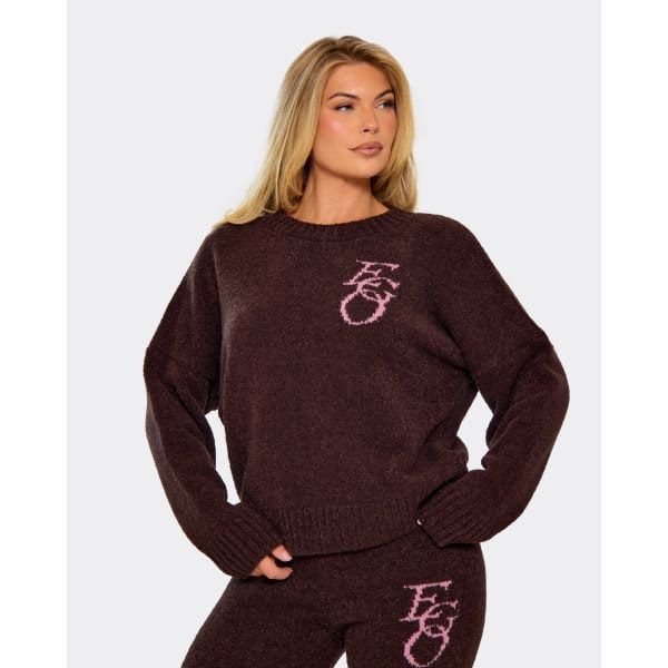 EGO Long Sleeve Crew Neck Ego Graphic Oversized Jumper In Brown Knit, Women's Size UK Large L - 2