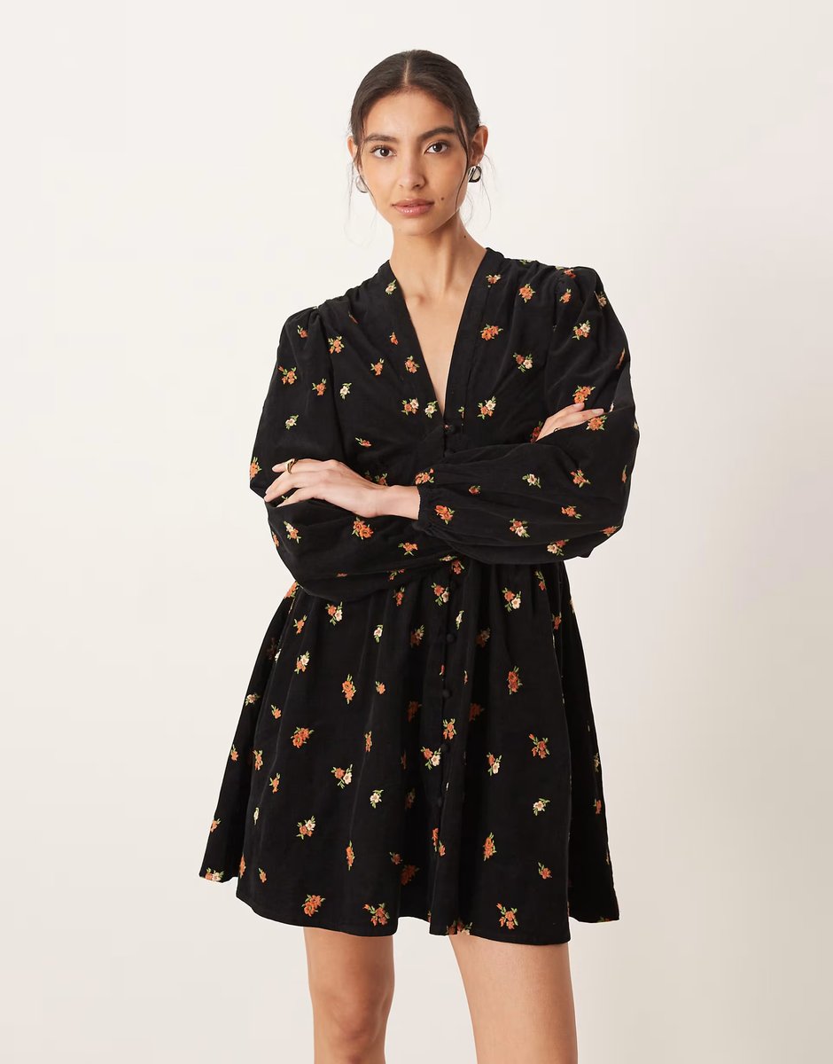 ASOS Nobody's Child Starlight cord embroidered v neck button front mini dress in black - 3