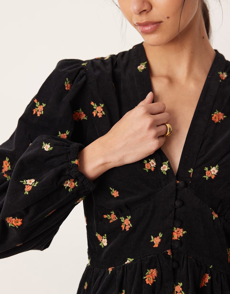 ASOS Nobody's Child Starlight cord embroidered v neck button front mini dress in black - 4