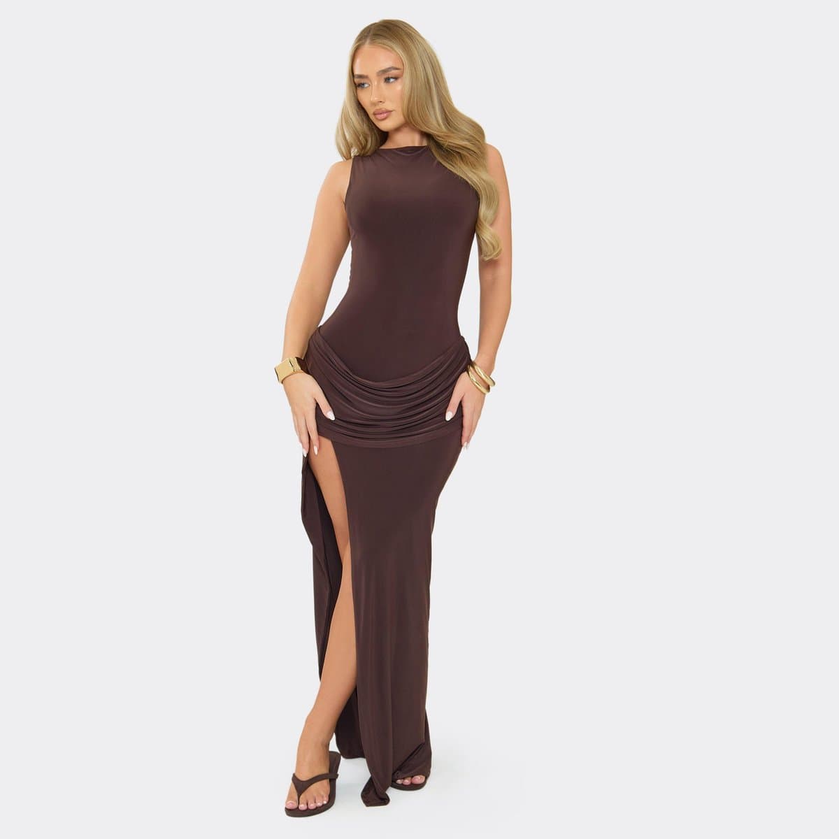 EGO Boat Neck Drape Panel Split Leg Maxi Dress In Chocolate Brown, Women's Size UK 6