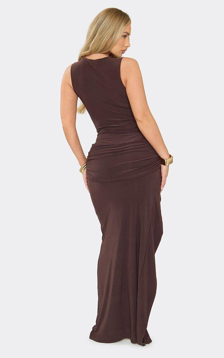EGO Boat Neck Drape Panel Split Leg Maxi Dress In Chocolate Brown, Women's Size UK 6 - 2